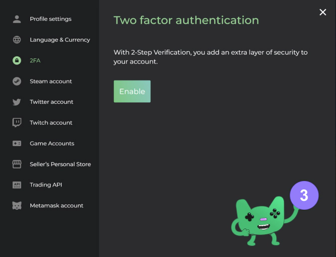 enabling 2fa on DMarket step 3