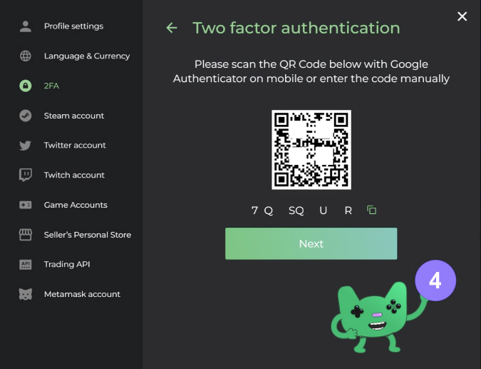 enabling 2fa on DMarket step 4