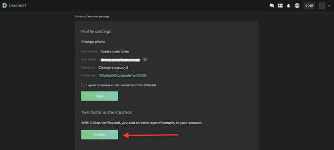 dmarket 2FA section of the settings