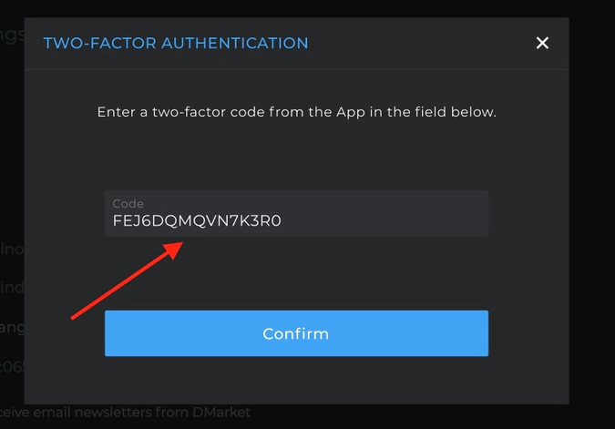 dmarket disable 2fa on dmarket with generated code