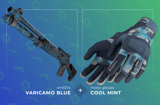 XM1014 VariCamo Blue and Moto Gloves Cool Mint combination