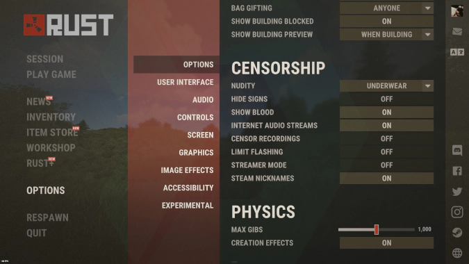 RUST censorship settings