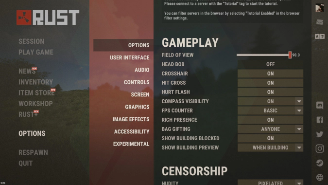 rust gameplay settings