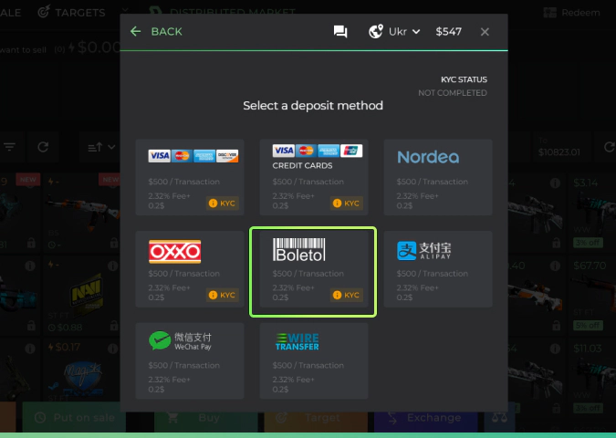 Boleto Bancário payment method on DMarket