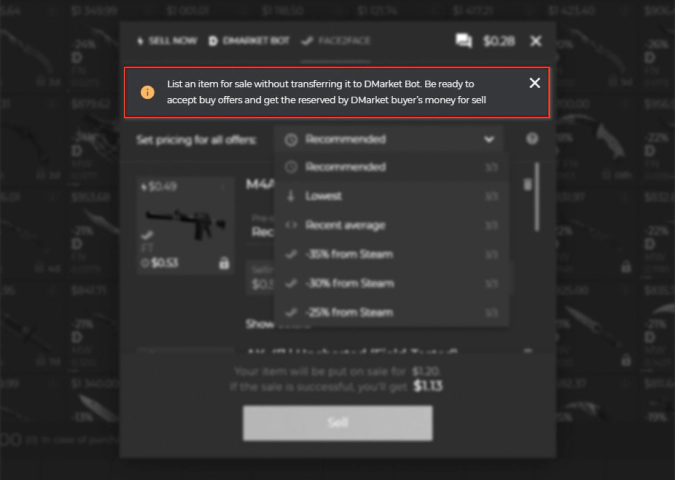 SELL via Face2Face mode on DMARKET