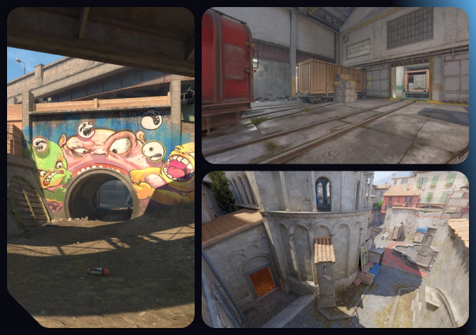 Overpass, Train, and Inferno maps in CS2