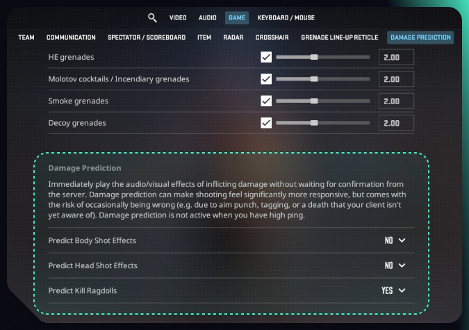 cs2 damage prediction in the game settings