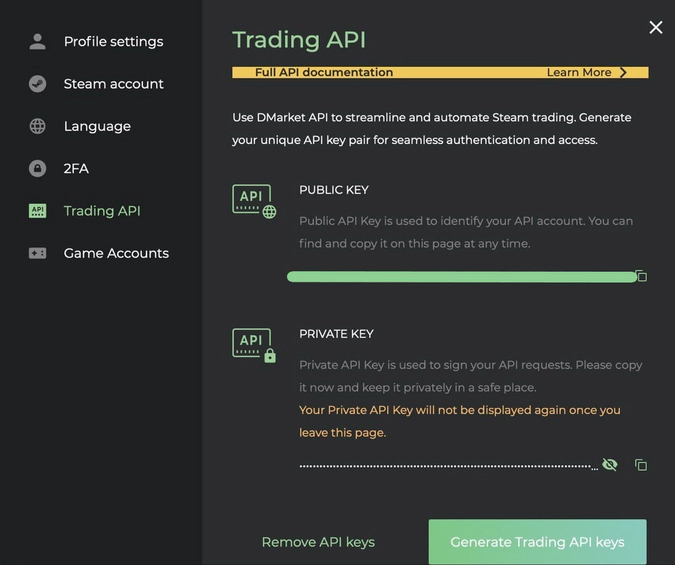 Trading API on DMarket