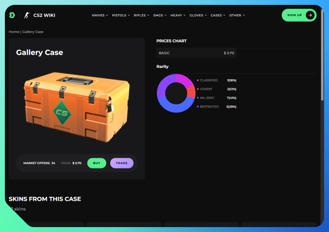 The image is a screenshot from the CS2 Wiki by DMarket. It features the details on the Gallery case: all the available skins, general info, prices, and more.