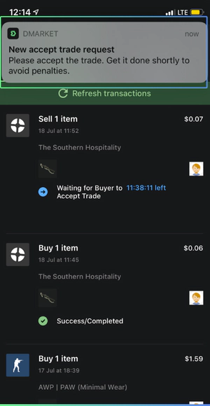 accept the trade in DMarket app
