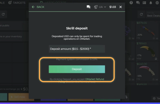 Deposit via Skrill DMarket