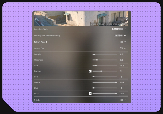 cs2 crosshair settings in the game menu