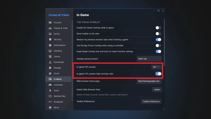 fps counter in steam settings