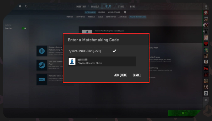 entering a matchmaking code