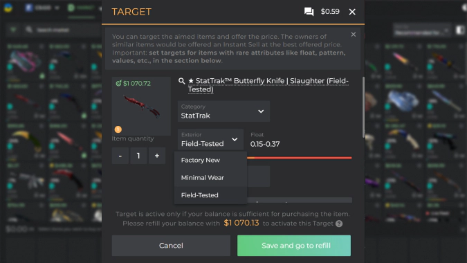 creating targets on DMarket