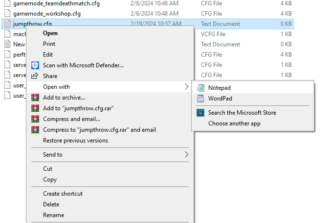 opening jumpthrow.cfg with Notepad