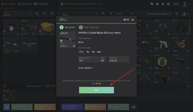 Sell Skins Now Modal on DMarket