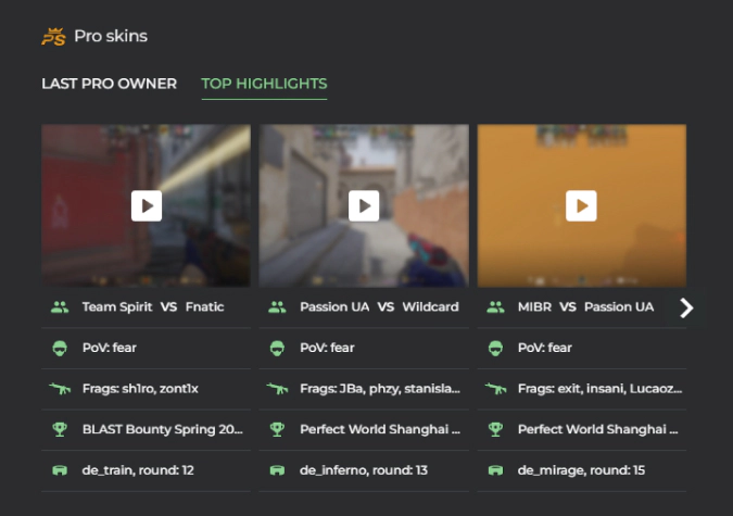 example of Last Pro Owner and Top Highlights on DMarket