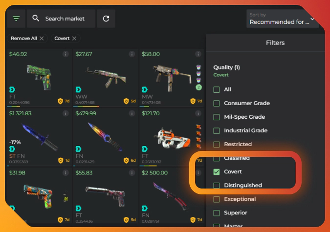 covert filter on DMarket