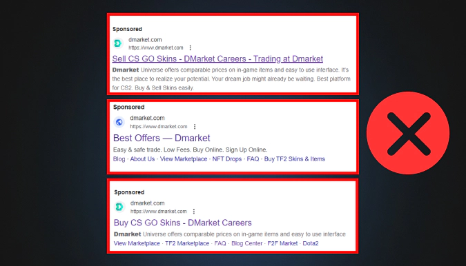 fake dmarket ads on Google