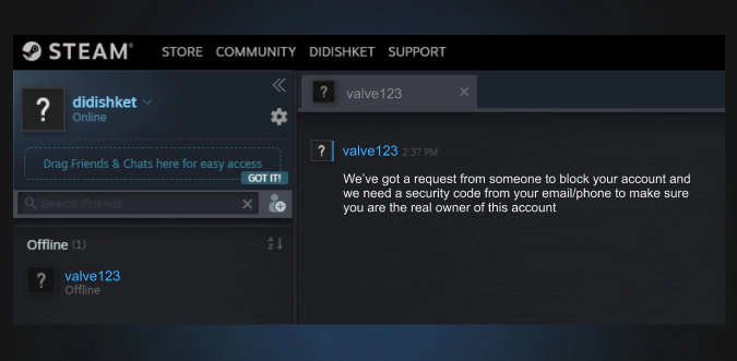 scam message on Steam