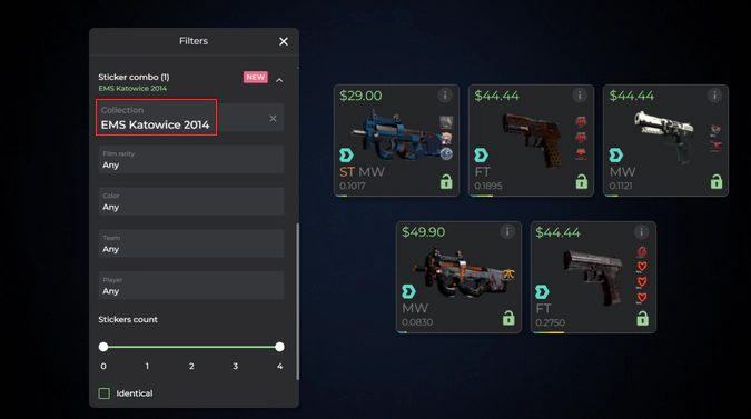 cs2 sticker combo filter on DMarket