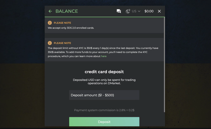 credit card deposit on DMarket