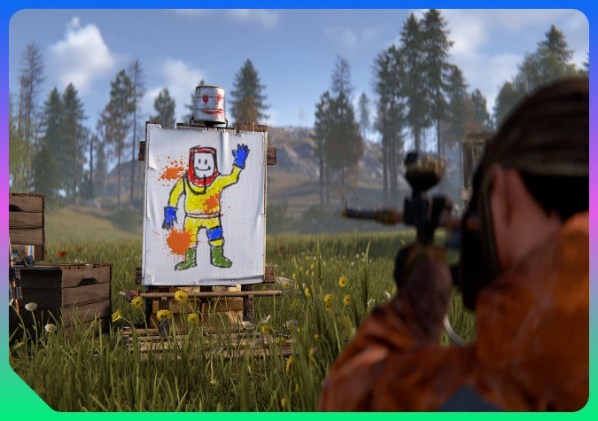 Treino de mira em Rust com um jogador a disparar contra um alvo pintado numa carreira de tiro